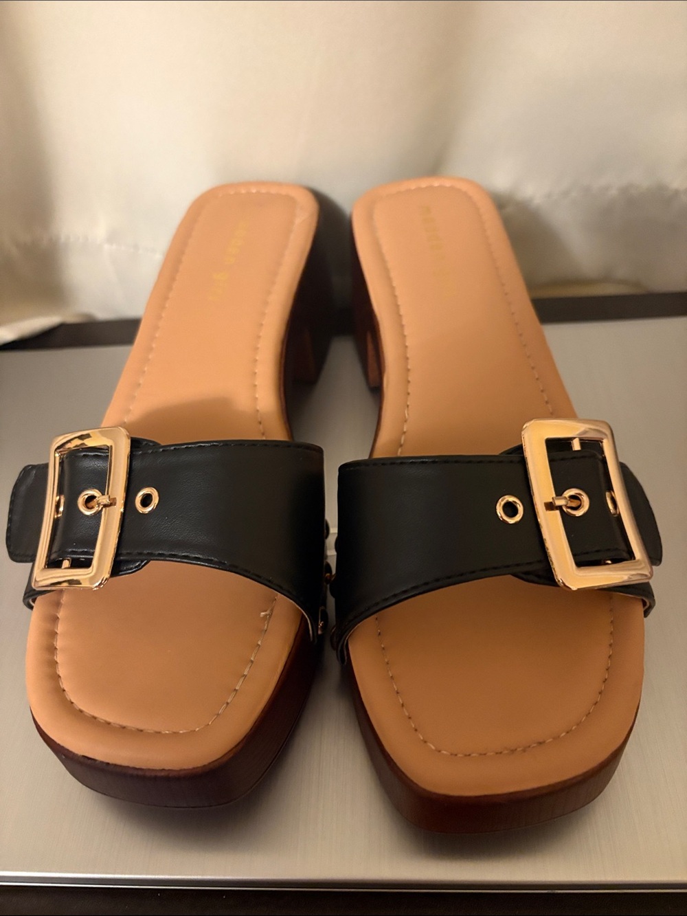 Madden Girl Black Slide Sandals with Gold Buckle